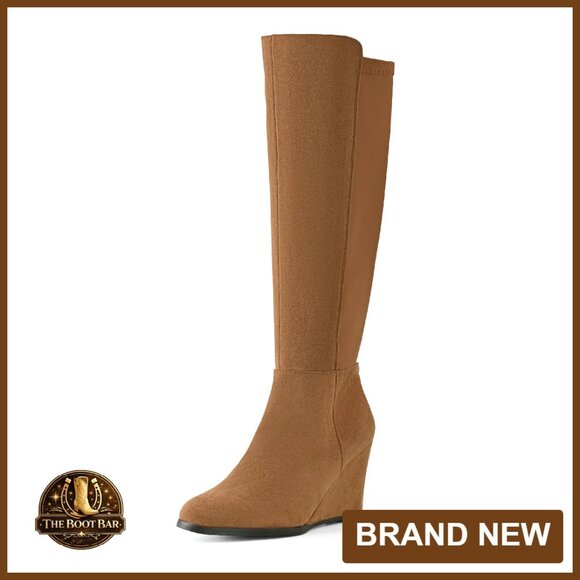 Shoes - Knee High Wedge Boots Stretchy Suede Side Zipper Almond Toe